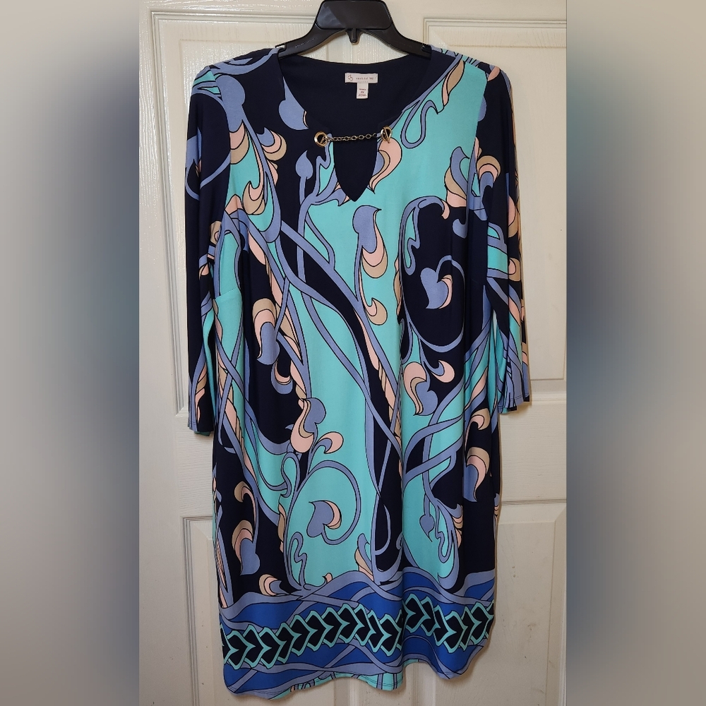 Art Deco Mod Print Dress blue, aqua, peach, and tan with a chain-style neckline